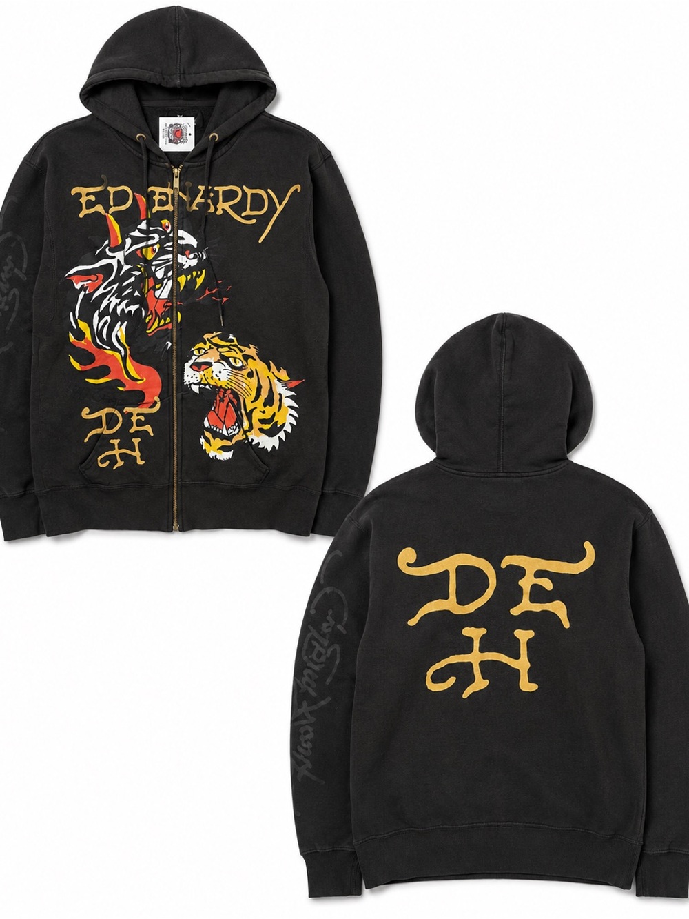 Ed Hardy Black Hoodie with Tiger, Dragon & Gold Script